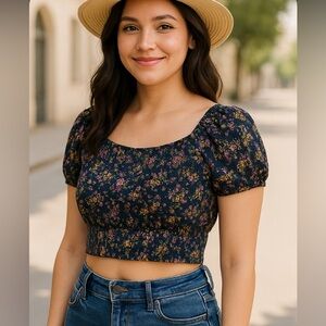 Jessica Simpson Black and Pink Floral Crop Blouse